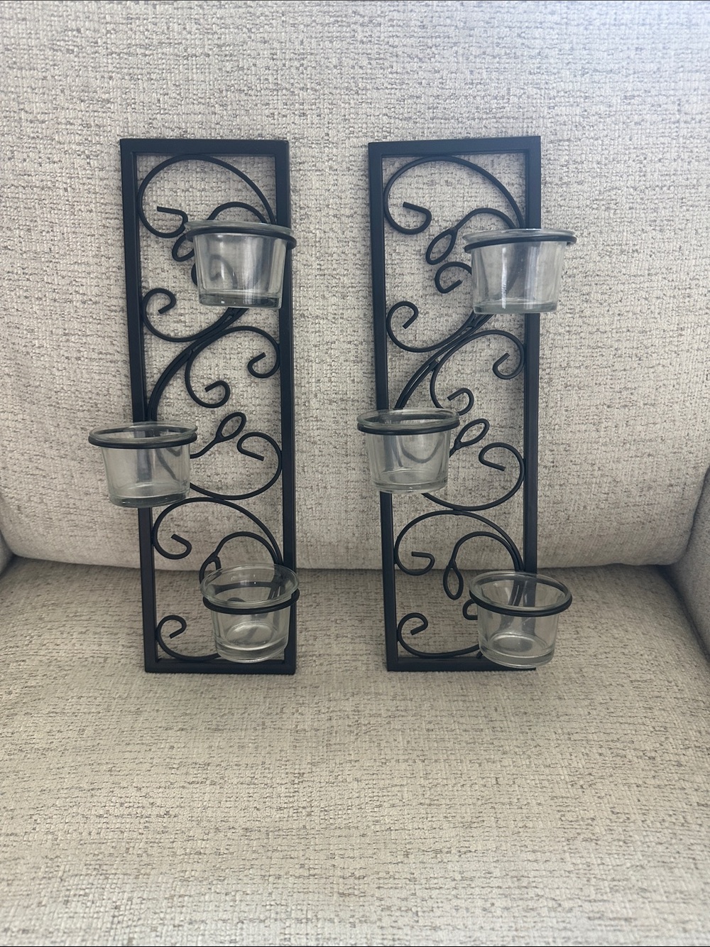 Black Iron Wall Sconce Candle Holders with Glass Votives - Set of 2